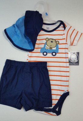 Gerber 3 Piece Boys Monkey in a Car Outfit size 24M Reversible Hat NWT
