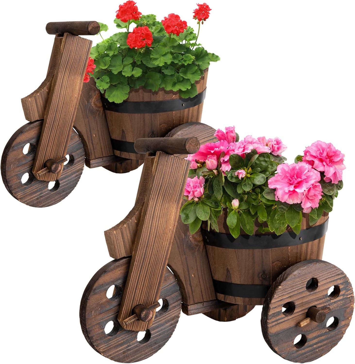 2 Pcs Rustic Wooden Barrel Tricycle Planter for Garden Decor