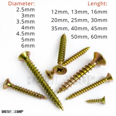 REWO Wood Chippy Screw Yellow Pozi Countersunk Woodscrews Chipboard Screws 2.5 To 6mm