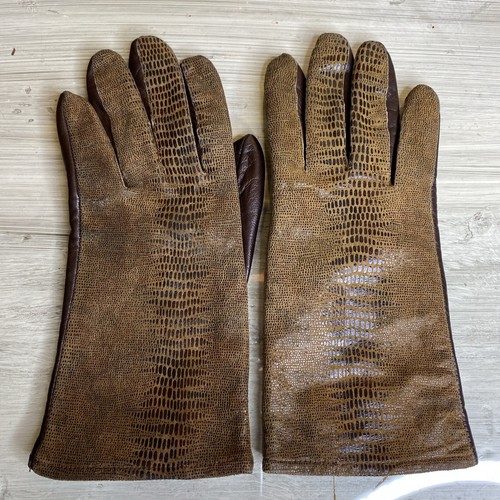 Vintage Van Raalte braune Krokoleder Handschuhe Damen Medium