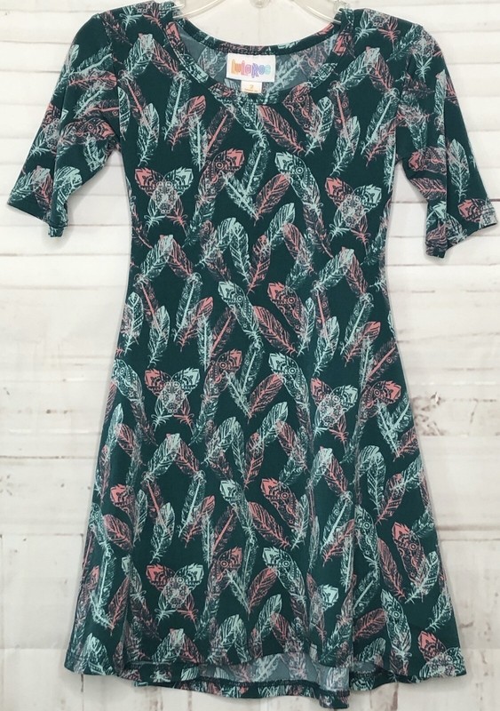 LuLaRoe Adeline Girls Green Feather Mid Sleeve Stretch Casual Dress Sz. 2 4