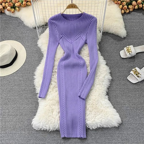 Mujeres Elegante Elegante Vestido Elástico Cuello en O Manga Larga Moda Tejido Vestidos Básicos