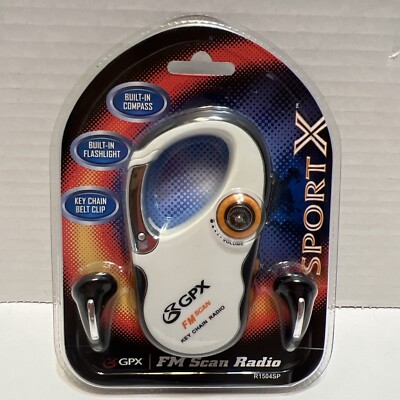 GPX Sport X White FM Auto Scan Radio Key Chain W/ Headphones Flashlight Compass