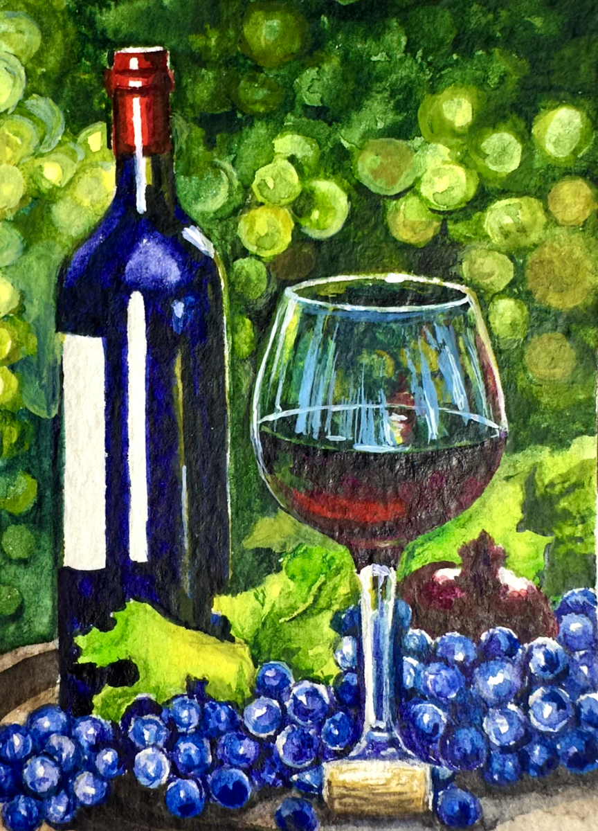 Watercolor Painting Bottle and Glass of Red Wine Grapes Alcohol ACEO Art  No.399 | eBay