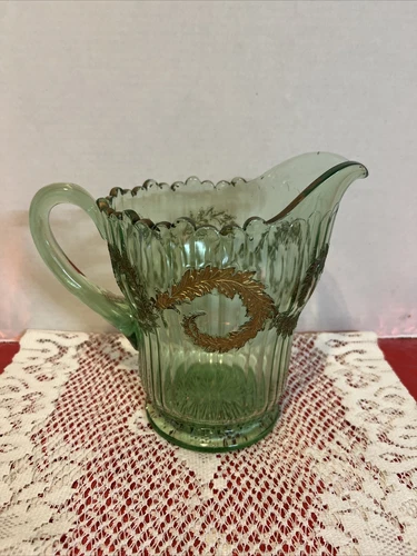 Vintage Green Depression Glass Pitcher W/ Gold leaf accents