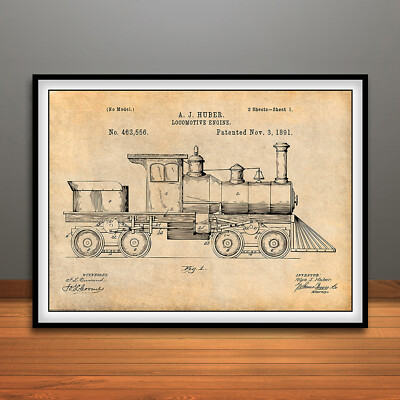 1891 Huber Railroad Train Locomotive Engine Patent Print Art Drawing Poster