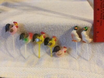 Vintage Cupcake/ Cake Pick Toppers - 5 Chiclens & 2 Ducks