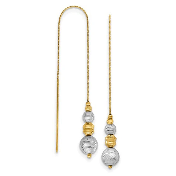 14k Yellow White Gold Dainty Chain Dangle Drop Beads fancy Threader Earrings - Image 2 of 4