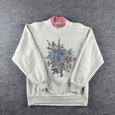 VINTAGE 90s Sweatshirt Women M Gray Double Crewneck Flowers Floral Nature USA