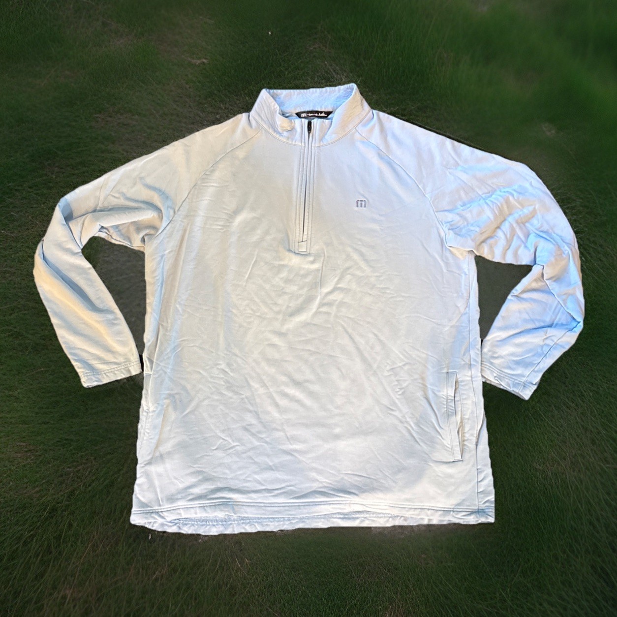 Travis Mathew Sweatshirt Mens XL Light Blue 1/4 Zip Fleece Golf Pullover Pockets