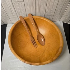 Vintage Wood Wooden Salad Bowl Spoon Fork Set Brown