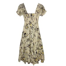 Tory Burch French Cream Drip Bouquet Floral Smocked Maxi Dress Sz SM Tiered