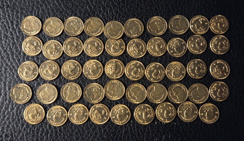 1978 South Africa Mini Krugerrands-(49 coins)-10mm dia.- Gold plated Fine Brass
