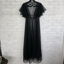 Vintage Val Mode Black Peignoir Negligee Robe 1960s Sheer Chiffon Nylon Lace Med