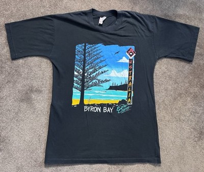 VTG 80s Byron Bay Aus T-shirt Sz M Black Shark Attack Made In Australia Surf