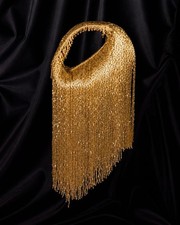 Gold Beaded Fringe Shoulder Bag Crystal Evening Clutch Purse Party Handbag.