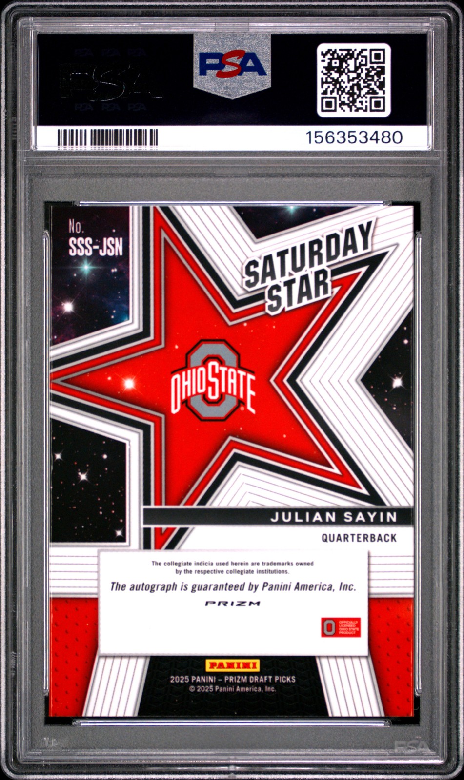 2025 PANINI PRIZM DRAFT PICKS SATURDAY STAR SIGNATURES JULIAN SAYIN PSA 10 AUTO view 2
