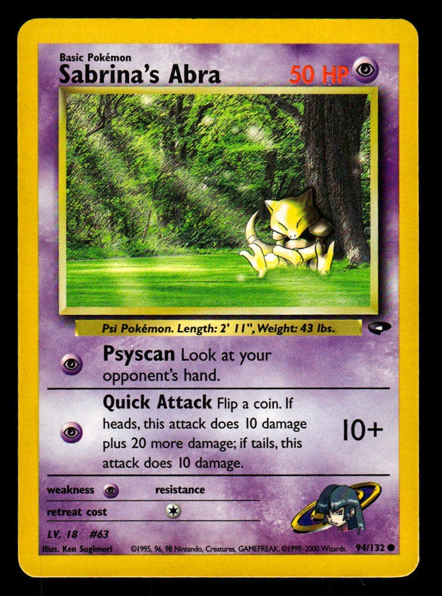 LP+ Unlimited Sabrina's Abra 94/132 Gym Challenge Pokemon 2000 Ken Sugimori