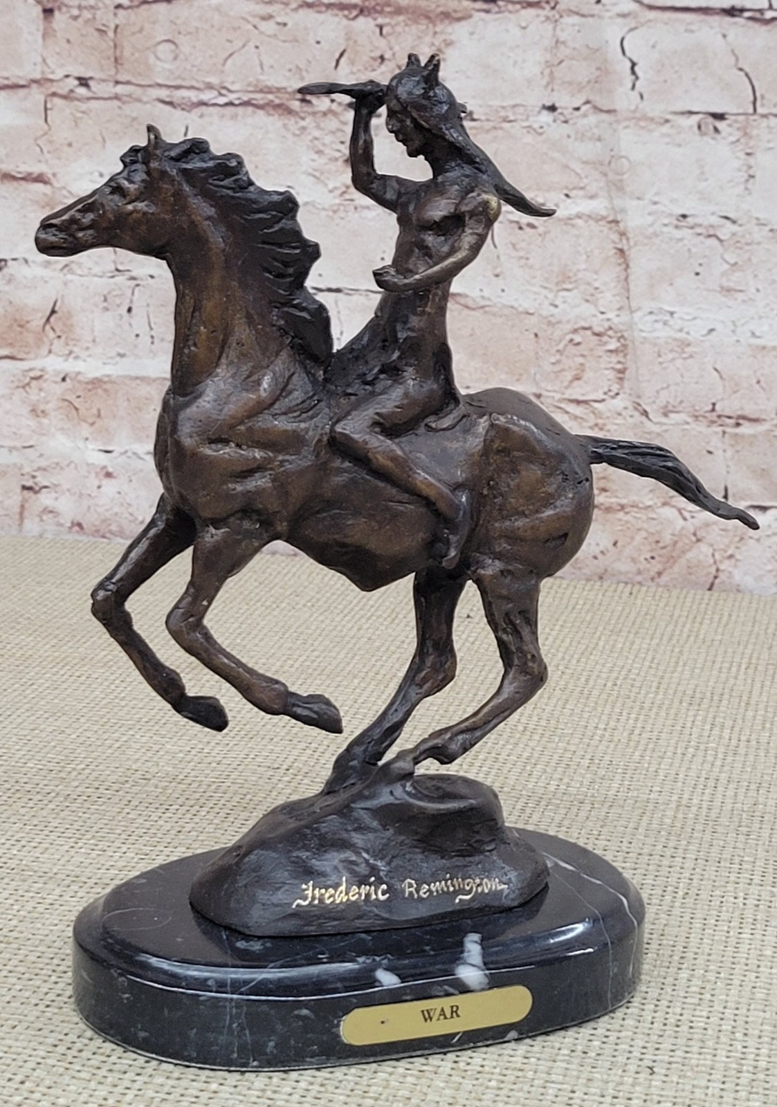 Signed Remington Native American Indian Riding Horse Bronze Sculpture Figurine