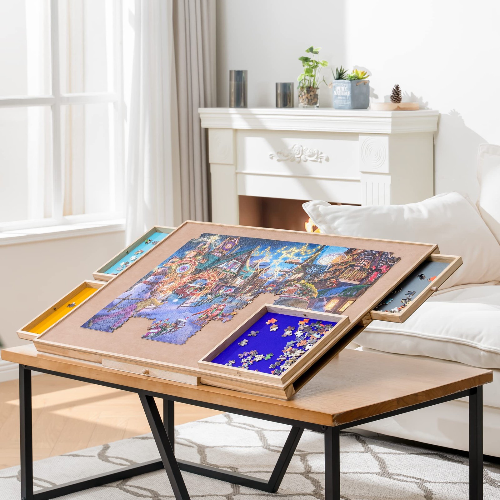 Jigsaw Puzzle Table with Integrated Adjustable Stand/Bracket and Removable Co...