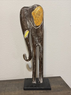 Vintage Pier One 20'' Tall Wood Elephant Sculpture on Base Dali Streched Leg