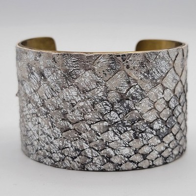 Rustic Cuff Wide Bracelet Snakeskin Leather Silver Brass Pre-Owned