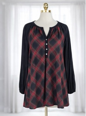 Weekend Suzanne Betro Red Black Plaid Henley Popover Top Balloon Sleeves 4X