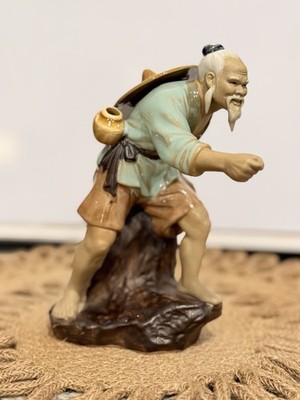 Vintage Chinese Mudman Fisherman (Shiwan) Clay Fire Glazed Statue 7.5'' x 4 1/2''