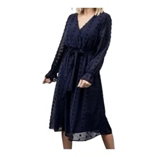Baltic Born Paisley Swiss Dot Navy Blue Size Large V-Neck Midi Dress