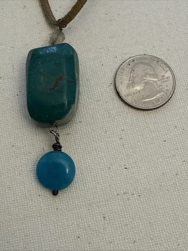 "Collar gargantilla de vidrio citrino turquesa con cordón de cuero bloque grande hecho a mano 15""+2" Foto 4 de 4