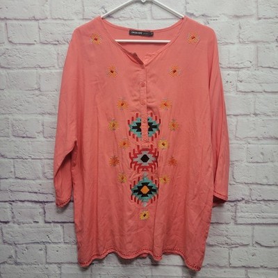 Origami by Vivien Aztec Embroidered Boho Top Size S Coral Pink Half Button