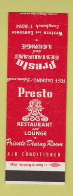 Matchbook Cover - Presto Restaurant Lounge Chicago IL SAMPLE