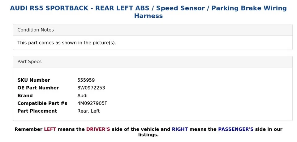 奥迪 RS5 SPORTBACK - 左后 ABS / 速度传感器 / 停车制动线束 — 第 4/4 张图片