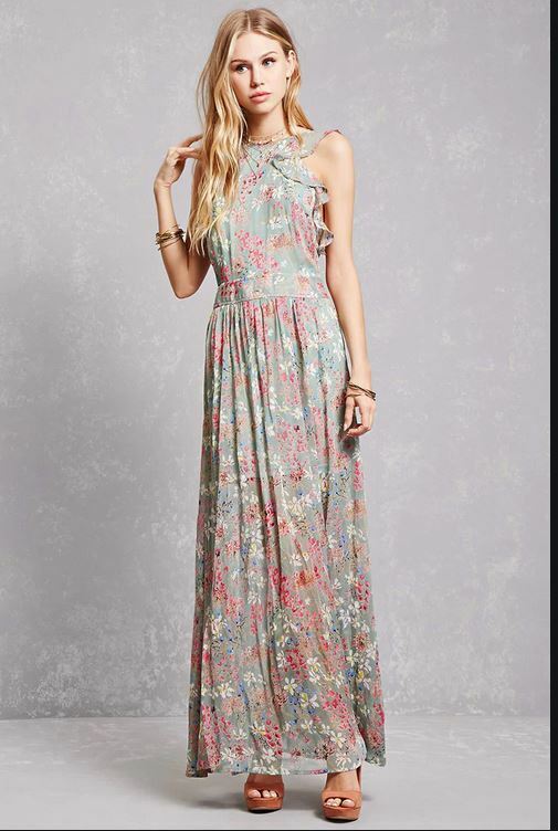 Forever 21 Sea Green Floral Ruffle chiffon Maxi Open Back Dress Small S