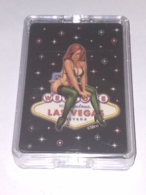 Las Vegas Pin Up Red Head Show Girl in Green Playing Cards NIP in Plastic Case