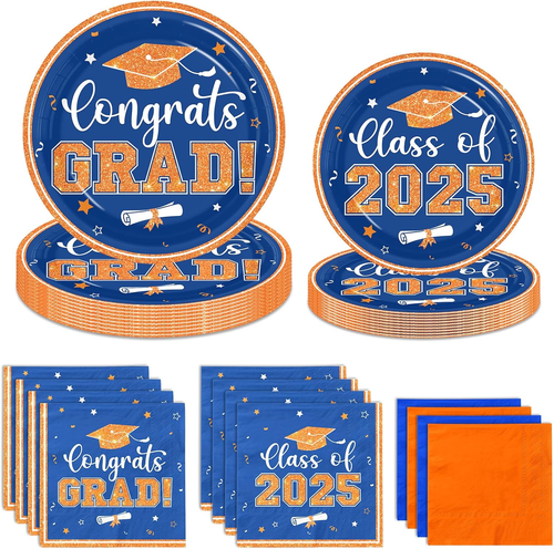 Orange and Blue Graduation Decorations, 200Pcs Orange Graduation Plates and Napk