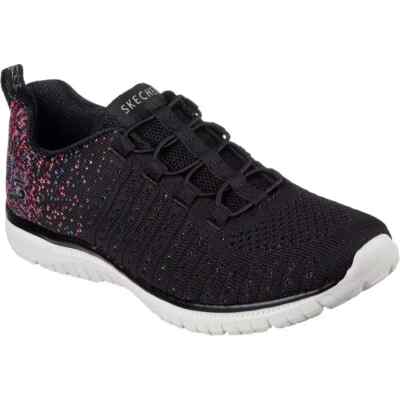 Skechers Virtue Damen Sneaker vegan schwarz/pink Bungee Gummizug Spitze Slipper