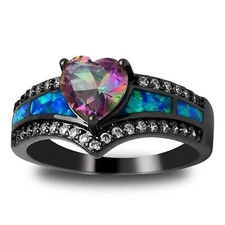 Black Engagement Ring for Women Mystic Topaz CZ Heart Promise Ring  Gift for ...