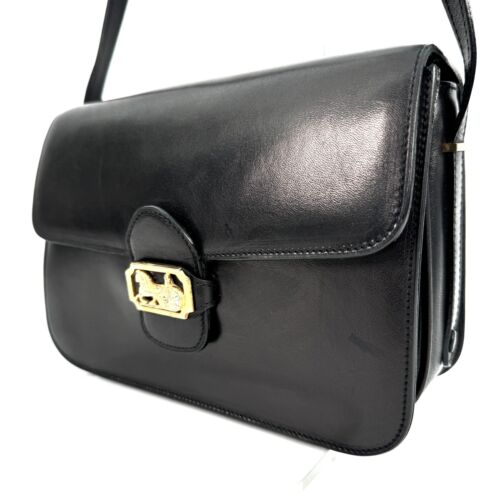 CELINE Shoulder Bag Horse Carriage Leather Black JAPAN ** RARE !**