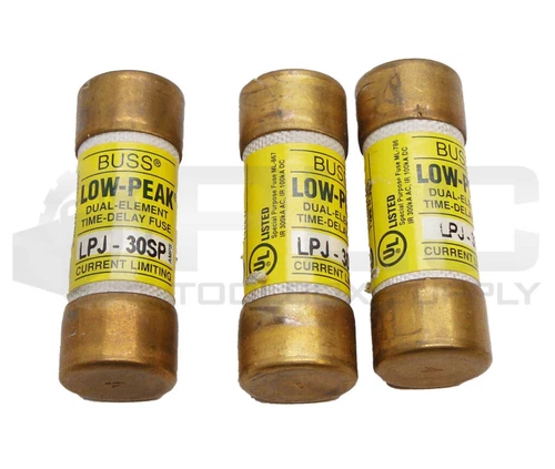 LOT OF 3 BUSS LPJ-30SP LOW PEAK FUSE 30A 600VAC 300VDC