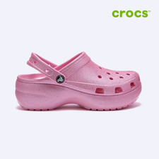 NEW CROCS WOMENS CLASSIC PLATFORM GLITTER CLOG 207241-6WY PINK