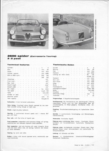 1966 Alfa Romeo 2600 spider (Carrozzeria Touring) car leaflet - Picture 2 of 2