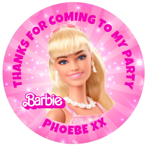 48 Personalised BARBIE inspired GLOSSY stickers for party bags & cones 40mm - Afbeelding 1 van 1