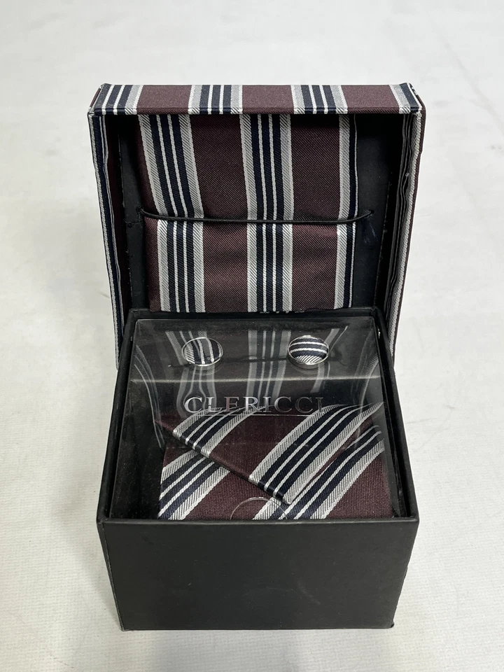 Corbata para hombre Clericci roja plateada con cuadrado de bolsillo y gemelos a juego NUEVA Foto 2 de 3