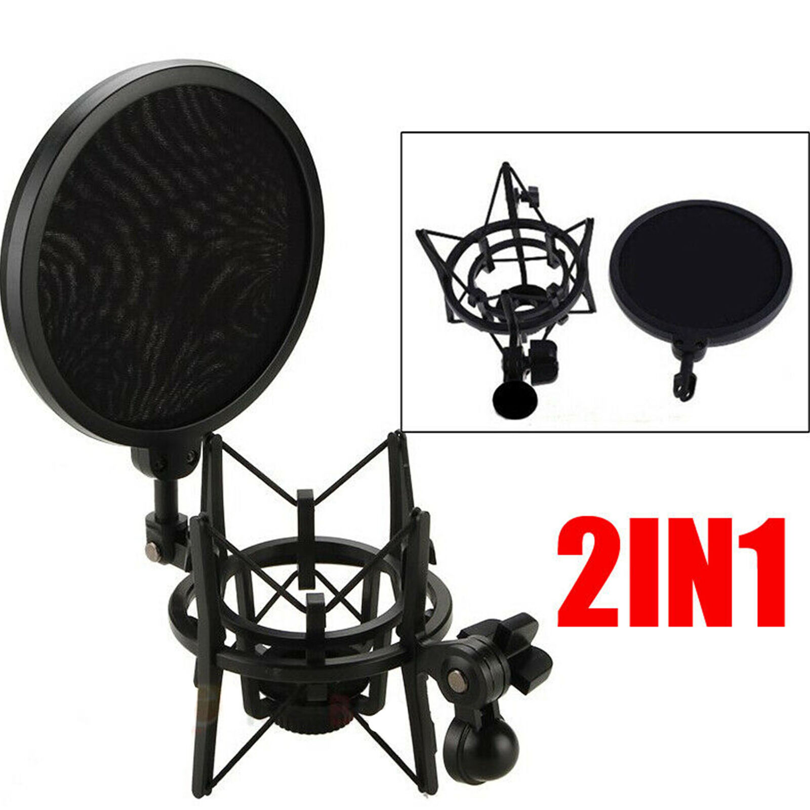Support micro microphone à condensateur avec grand filtre anti-pop intégré noir