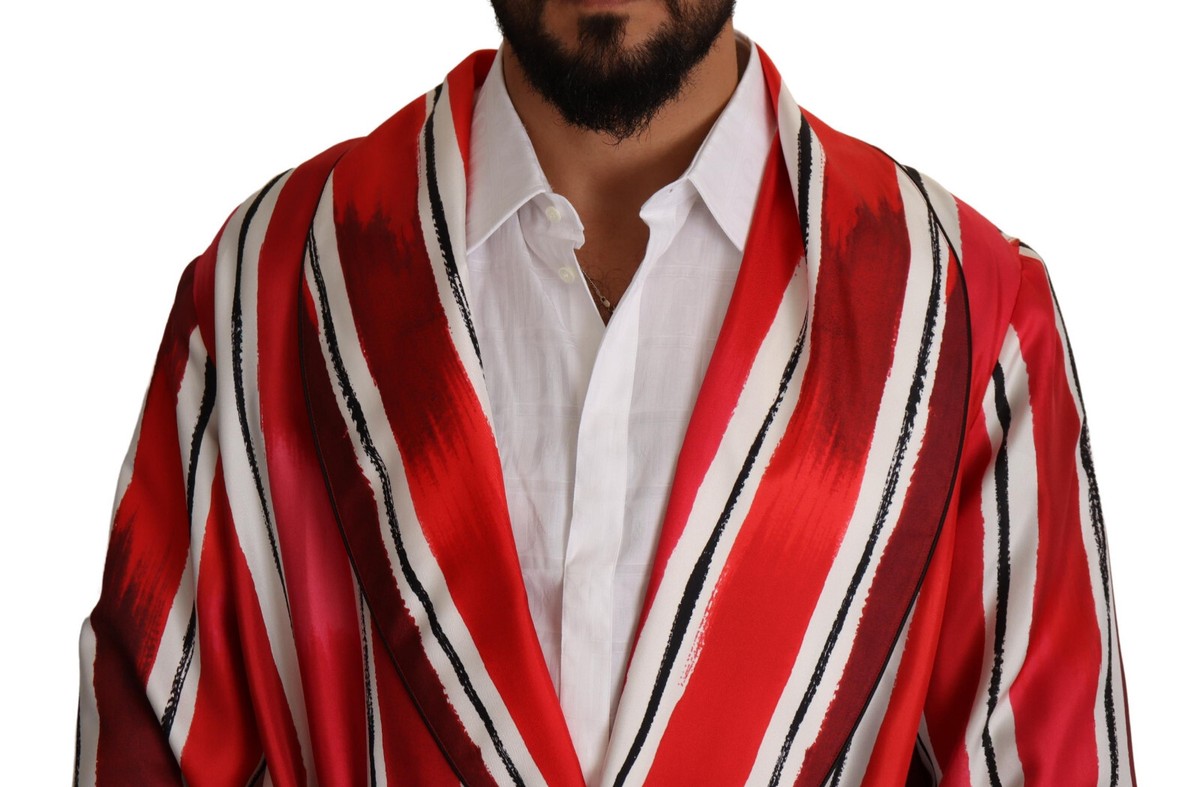 【関税&送料込】Dolce & Gabbana Robe Shirt With Belt DOLCE & GABBANA Night Gown Robe Red White Striped Silk Mens