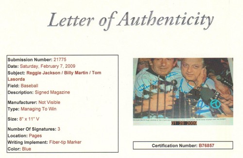 JSA LOA Tri Signed Page Reggie Jackson Auto Billy Martin Auto Tommy Lasorda Auto - Picture 5 of 5