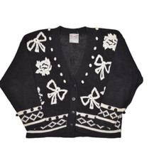 Vintage CSL Sweater Womens Medium Black Cardigan Embroidered Bows Cherry Stix