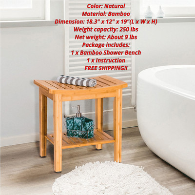 New Bamboo Shower Bath Stool Seat Bench With Storage Shelf