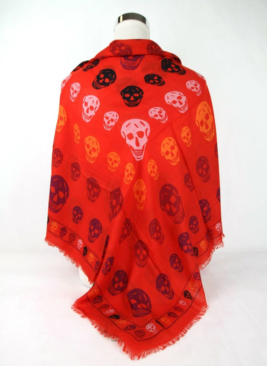 Alexander McQueen Red Modal/Wool Multiskull Box Print Shawl Scarf